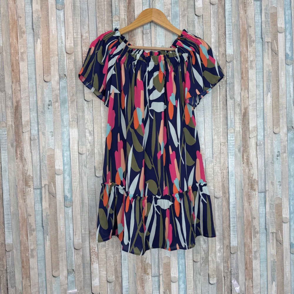 Crosby Mollieโ Burch XS Colorful Abstract Floral Off Shoulder Ruffle Mini Dress
